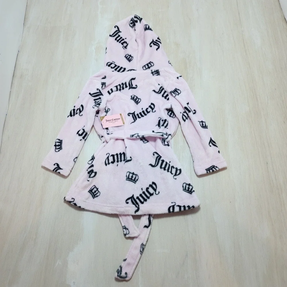 Juicy Couture Girls Pink Black Logo Crown Plush Hooded Robe 4T NWT